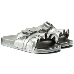 Michael Kors Bella Ruffled Metallic Silver Slide Sandals
